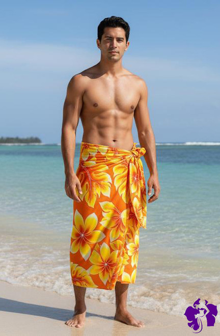 Men Arpela Sunny Paradise - Hand Drawn Plumeria and Monstera Sarong in Red and Yellow, Crafted with Top-Quality Rayon