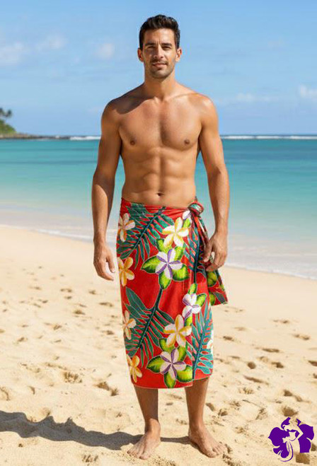 Men Arpela Island Blooms - Hand Painted Beautiful Plumeria Sarong on Red Background, Crafted with Top-Quality Rayon