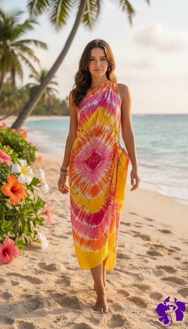 Tropical Sunrise Tie-Dye Rayon Sarong with Accent Embroidery