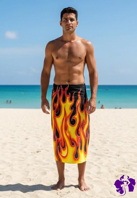 Men Arpela Sarongs Red Fire Flame in Black Background in Top Quality Rayon 1WW