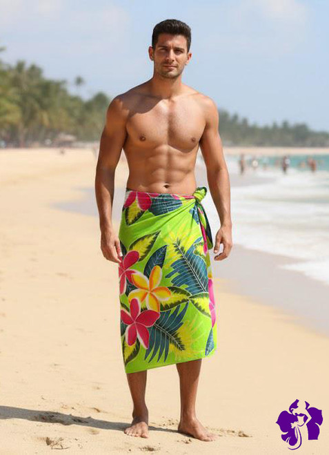 Men Arpela Tropical Plumeria - Hand-Painted Plumeria Sarong on Green Background, Crafted with Top-Quality Rayon