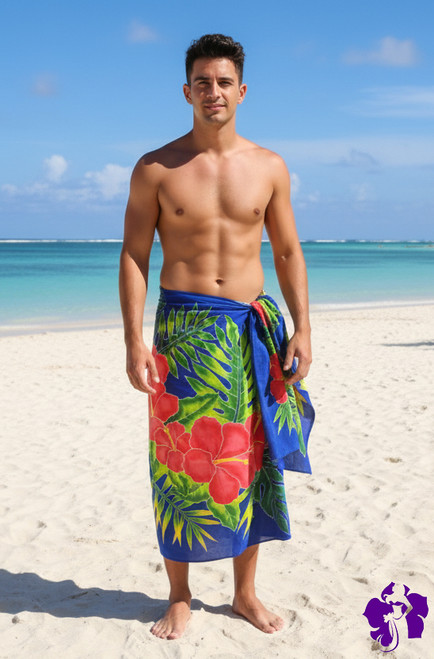 Men Arpela Tropical Bliss - Hibiscus Hand-Painted Sarongs on Royal Blue Background in Top-Quality Rayon