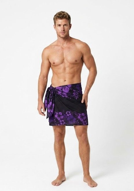 Men Floral Half Sarong "Amethyst Magic" Purple and Black - Fringeless Half Sarong