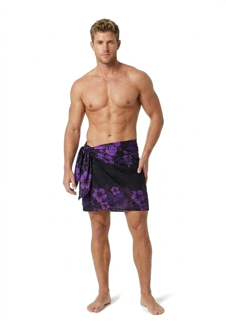 Men Floral Half Sarong "Amethyst Magic" Purple and Black - Fringeless Half Sarong