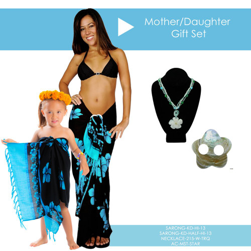 Mother / Daughter Hibiscus Sarong in Aqua Blue Gift Set