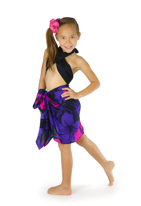 Girls Floral Half Sarong "Summer Romance" Pink and Purple - Fringeless Sarong