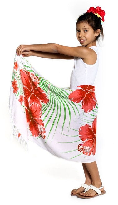 Girls Hawaiian Half Sarong in Green/Red/White