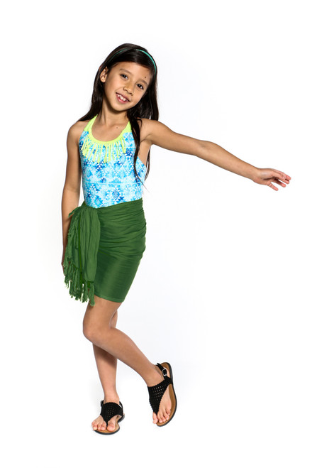 Girls Solid Color Half Sarong in Green