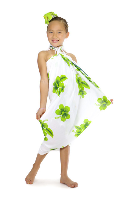 Girls Hibiscus Sarong "Green / White"