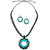Round Wooden Necklace and Earring Set in Blue Sun Flower Design