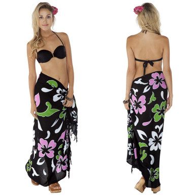 Hawaiian Sarong Black w/ Pink & Green