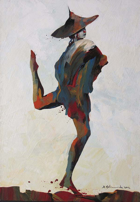 9" x 13" acrylic painting on art board with 16" x 20" white mat / black border   I painted  this piece in 2012This is the last in a series of dancing figures with a flowing paint technique