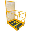 Vista frontal de plataforma elevadora amarilla con puerta para dos personas.