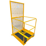 Vista de plataforma para dos personas con puerta de acceso sobre fondo blanco.