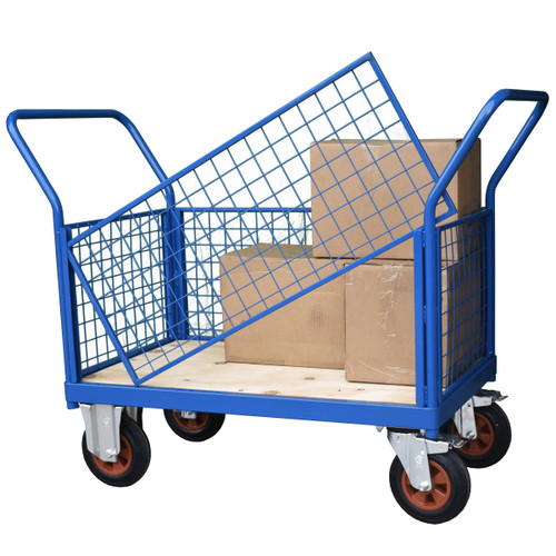Platform Truck Hand Cart with four side mesh panels, treated plywood board base, swivel and fixed castors