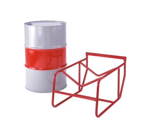Soporte para bidón colocado junto a un barril de acero gris y rojo sobre un fondo blanco.  El soporte es ligero, con solo 9 kg, pero ofrece una capacidad de 250 kg.