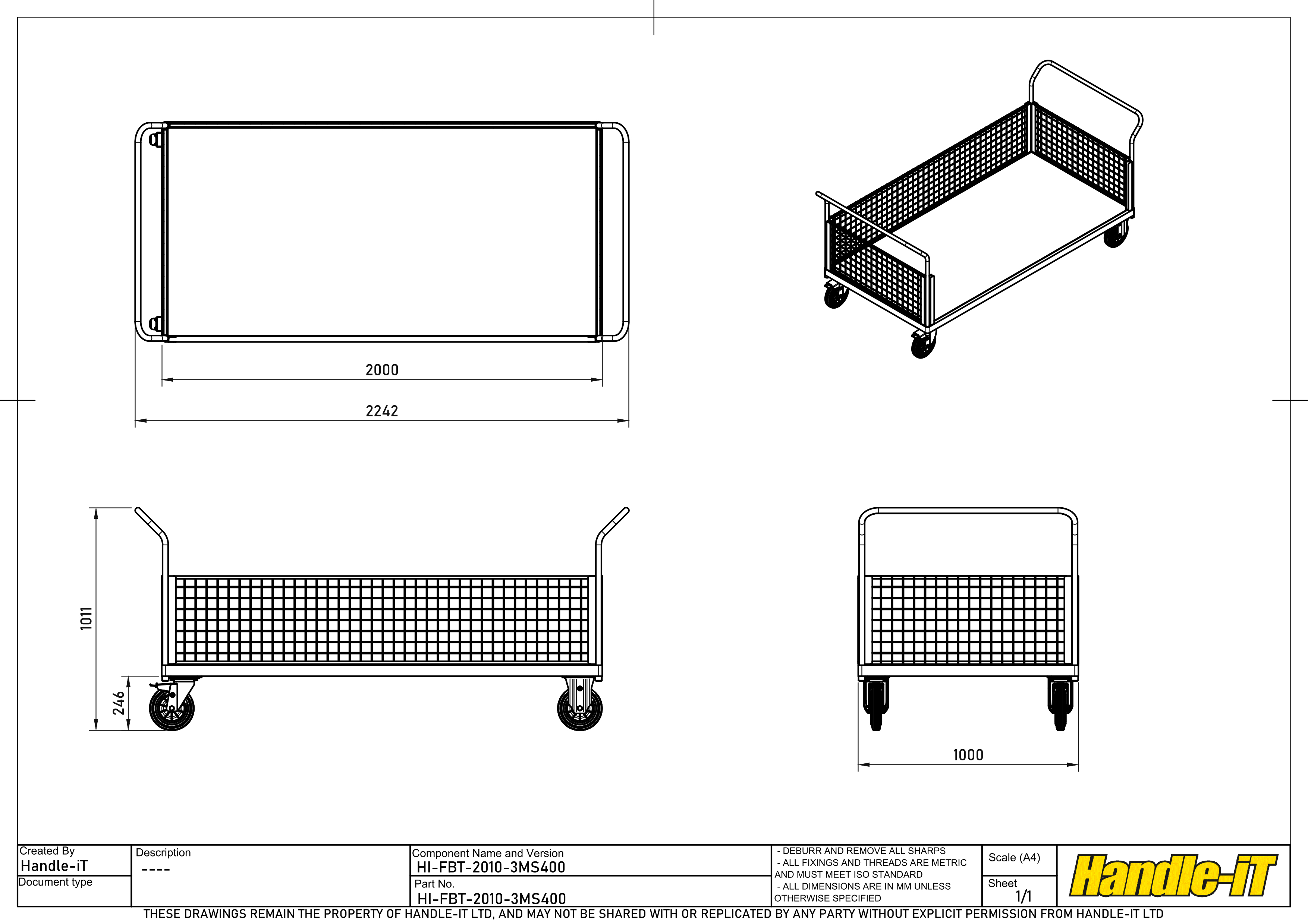 Carro de plataforma con 3 laterales de rejilla extra&iacute;bles dimensiones