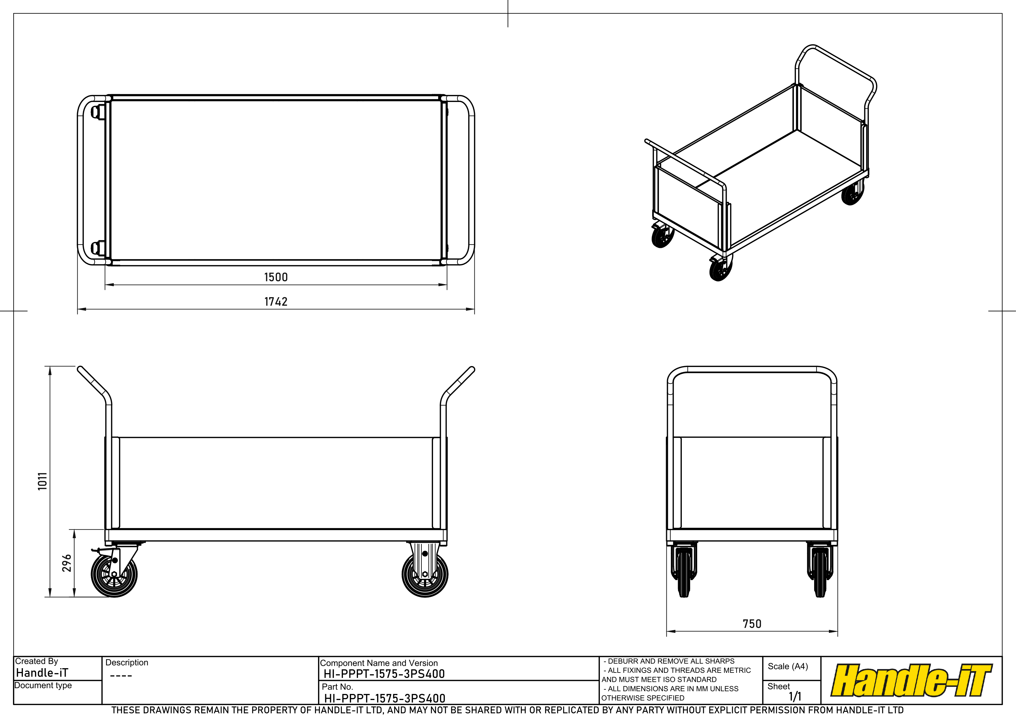 Carro de plataforma con 3 lados pl&aacute;sticos dimensiones