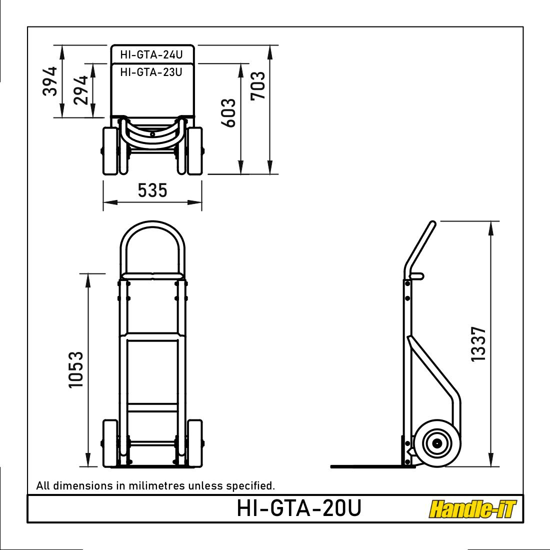 Dimensiones de la carretilla para sacos de aluminio Dimensiones de la carretilla para sacos de aluminio