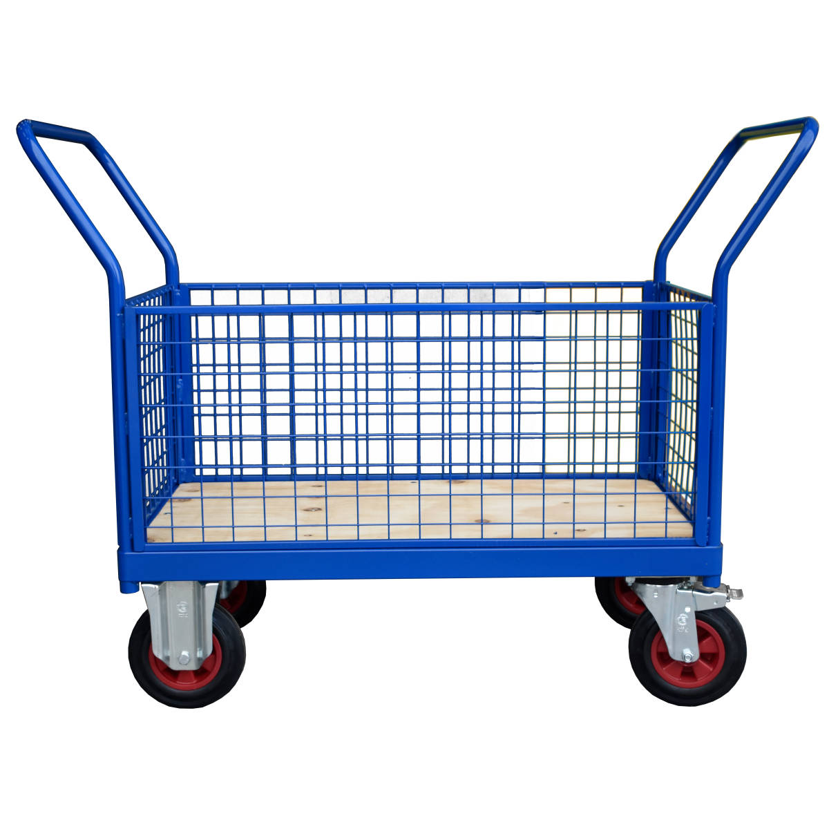 Platform Truck Hand Cart with four sided mesh panels, treated plywood board base, swivel and fixed castors Platform Truck Hand Cart with four sided mesh panels, treated plywood board base, swivel and fixed castors