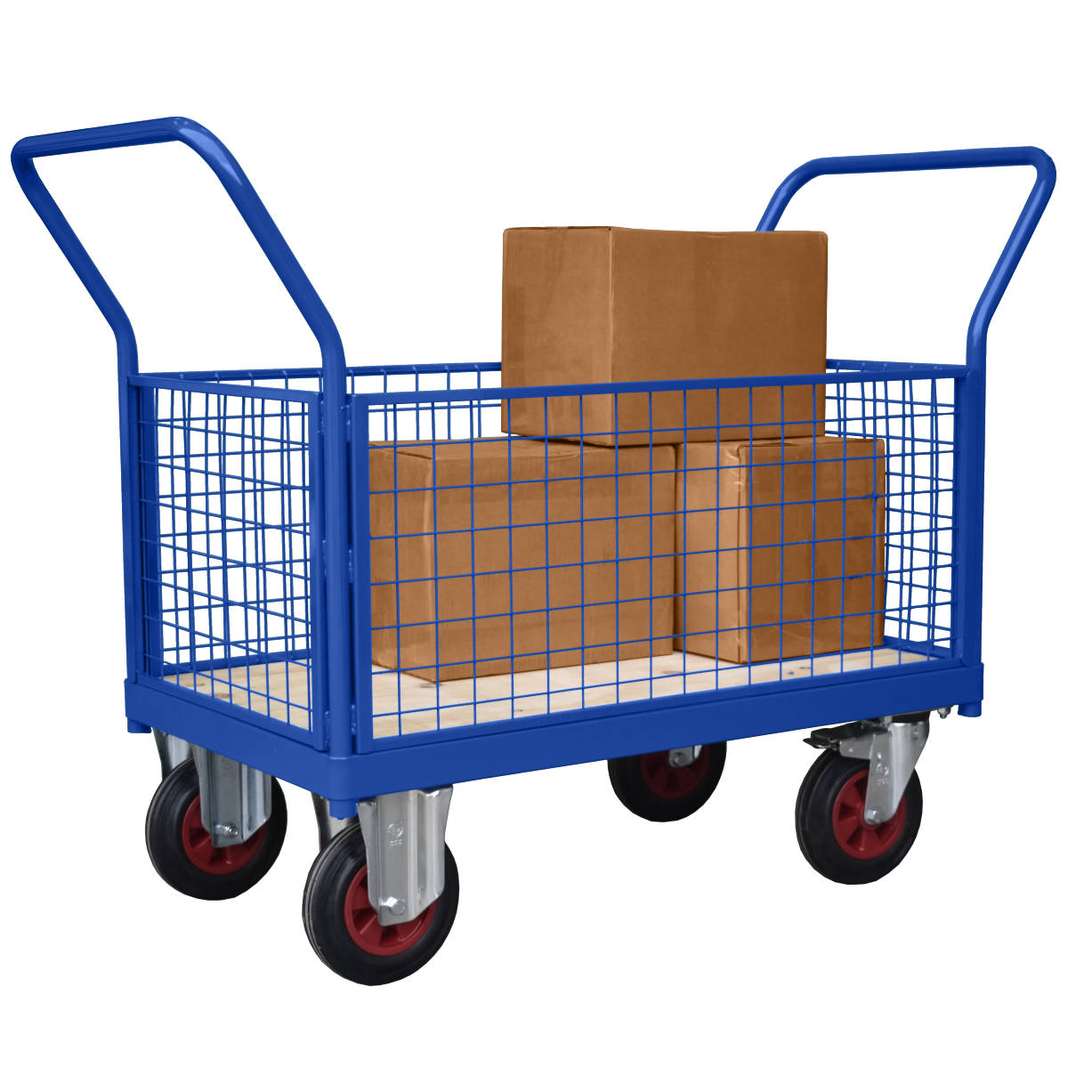 Platform Truck Hand Cart with four side mesh panels, swivel and fixed castors and treated plywood board base Platform Truck Hand Cart with four side mesh panels, swivel and fixed castors and treated plywood board base