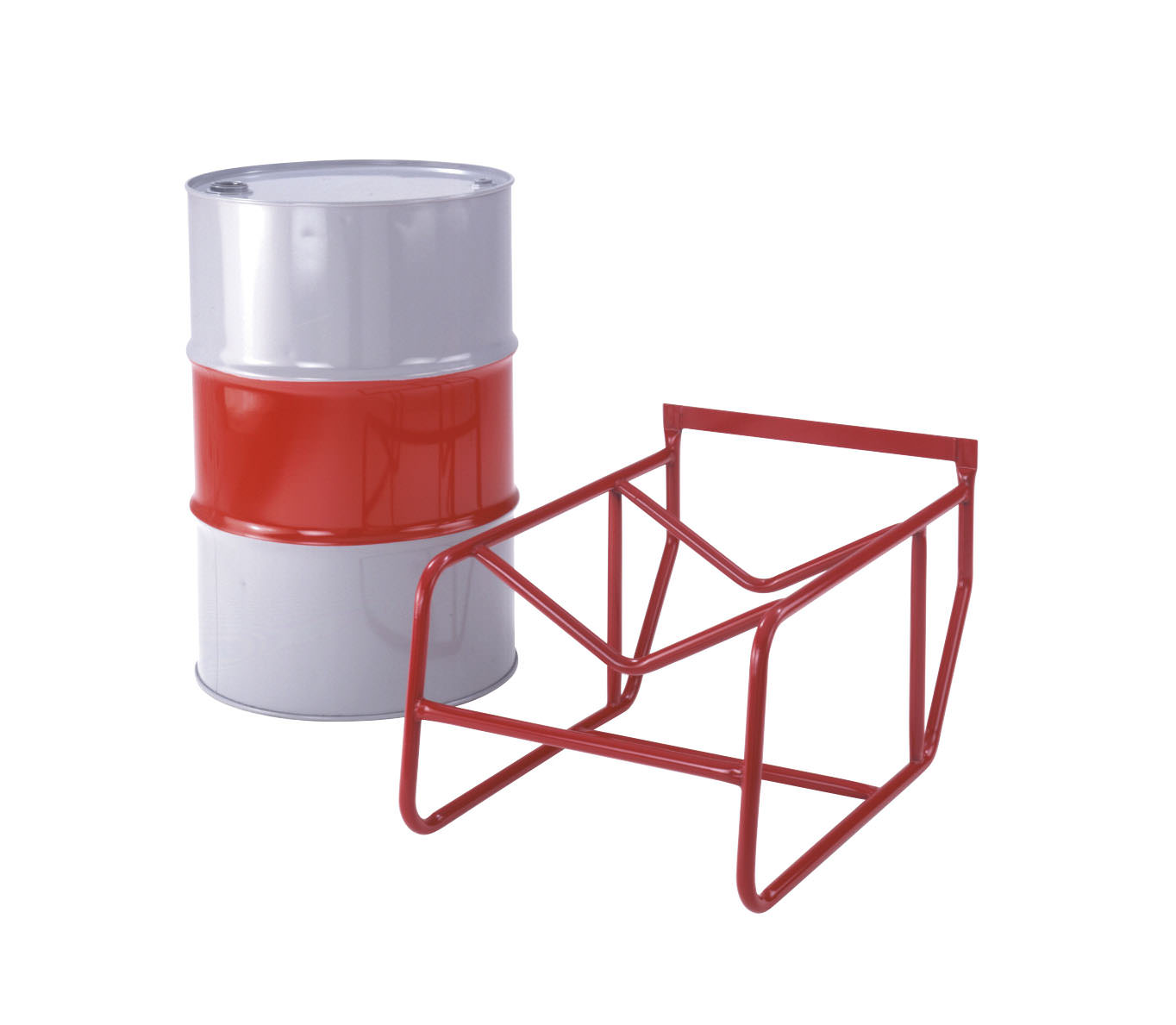 Soporte para bidón colocado junto a un barril de acero gris y rojo sobre un fondo blanco.