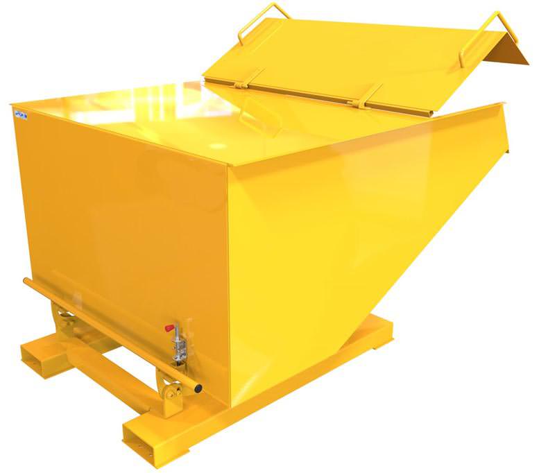 Contenedor basculante amarillo con tapa sobre un fondo blanco.  Tapa abatible ajustada y con cerradura.  Fuerte y duradera 