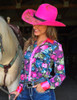 Hot Pink Floral Stretch Midweight Jersey Pullover Button Up