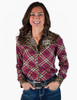 Burgundy plaid Pullover Button Up - leopard jersey yoke, cuffs with cream overstitching & pearl snaps.