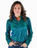 Turquoise Iridesent Shimmer on bonded Satin Pullover Button Up Midweight & Stretch