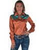 Rust & Turquoise Retro Bootstitch Embroidered Satin Pullover Button Up Lightweight Low Stretch