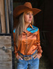 Rust & Turquoise Retro Bootstitch Embroidered Satin Pullover Button Up Lightweight Low Stretch