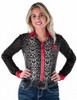 Gray Leopard Jersey Pullover Button Up with black sheer sequin sleeves & red satin collar, cuffs & lapel
