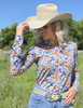 Colorful Blue Floral Jersey Pullover Button Up