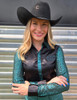 Black & Emerald Satin with Emerald Sequin Sheer Sleeves Pullover Button Up
