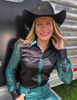 Black & Emerald Satin with Emerald Sequin Sheer Sleeves Pullover Button Up