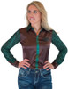 Brown & Emerald Satin with Emerald Sequin Sheer Sleeves Pullover Button Up