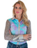 Purple & Teal Tie Dye Velor with Silver Stars Sparkles & Silver Sequin Sheer Sleeves Pullover Button Up