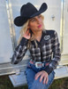 Black & White Plaid with Black Satin Pullover Button Up with embroidered logo