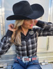 Black & White Plaid with Black Satin Pullover Button Up with embroidered logo