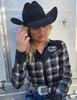 Black & White Plaid with Black Satin Pullover Button Up with embroidered logo