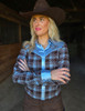 Brown & Blue Plaid with Blue Satin Pullover Button Up with embroidered logo