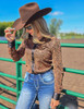 Copper Sequin Swirls on Black Jersey Pullover Button Up  with Black Satin collar