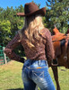 Copper Sequin Swirls on Black Jersey Pullover Button Up  with Black Satin collar