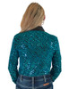Aqua Sequin Swirls on Black Jersey Pullover Button Up  with Black Satin collar