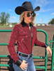 Red Sequin Swirls on Black Jersey Pullover Button Up with Black Satin collar