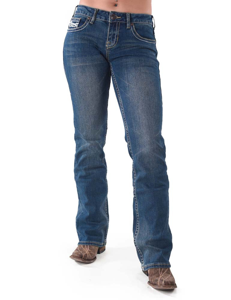 Cowgirl Tuff Don't Fence Me In Dark Boot Cut Jeans - Medium Rise, Cotton-Spandex, Barbed Wire Design - View #8