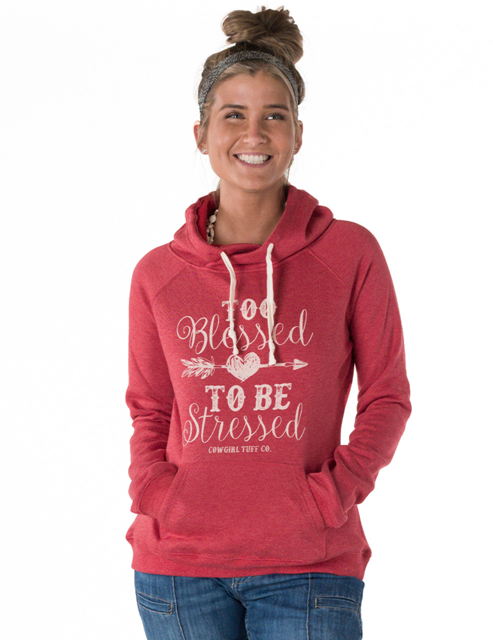Too Blessed Print Junior Fit hooded Sweatshirt (Red