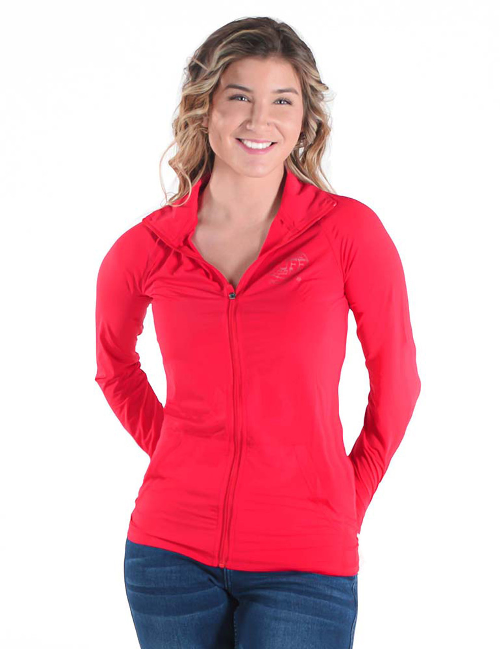 Breathe Instant Cooling Upf Full Zip Cadet Long Sleeve With Front Pouch Pocket Bright Red