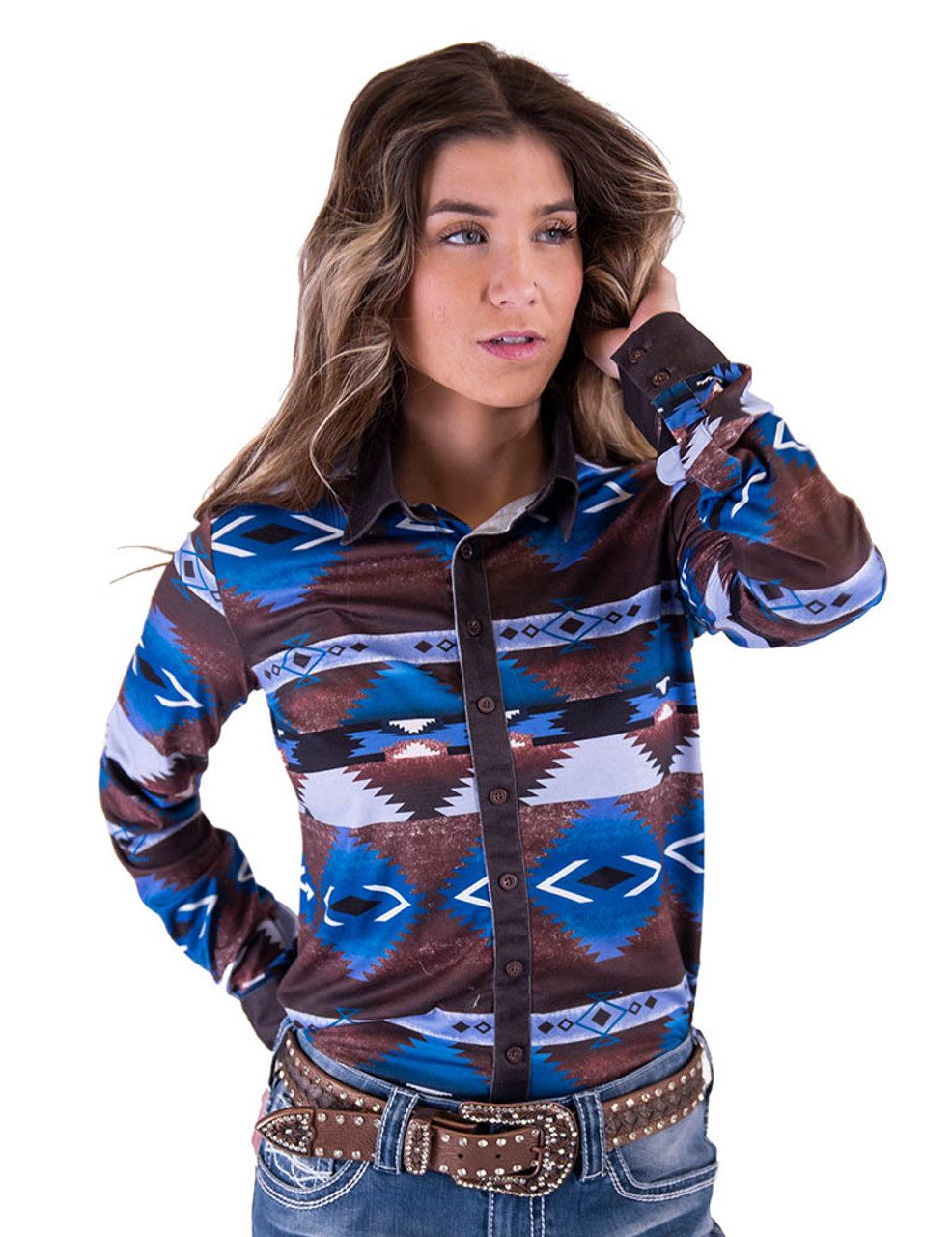 Pullover Button-Up (Brown And Blue Western Print Mid-weight Stretch ...